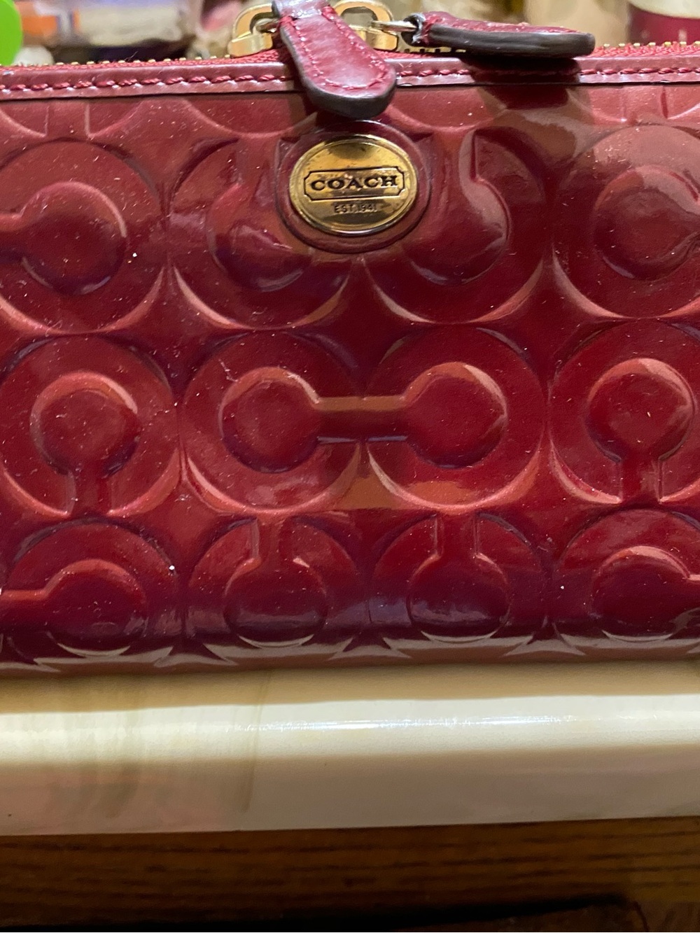 Coach Red Patent Leather Signature ZIP WALLET AROUND with Gold Logo